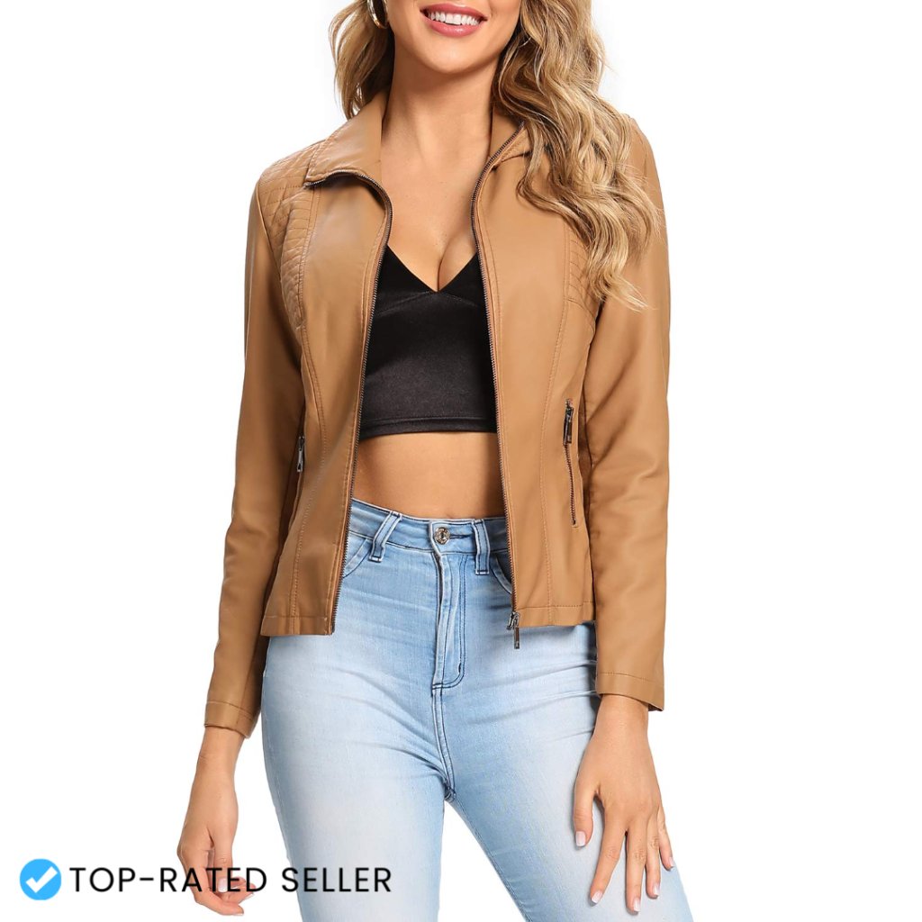 Faux Leather Quilted Jacket Casual Chic Zip Up Coat Elastic Rib Regular Fit